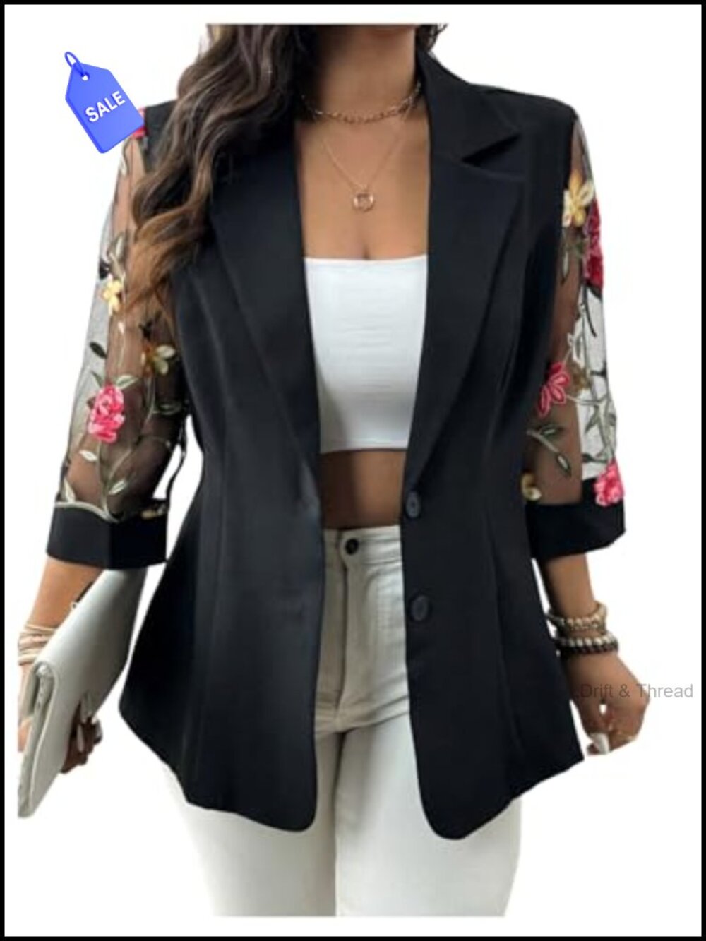 Plus Size Floral Embroidered Mesh Button Down Blazer 3/4 Sleeve Collared Jacket